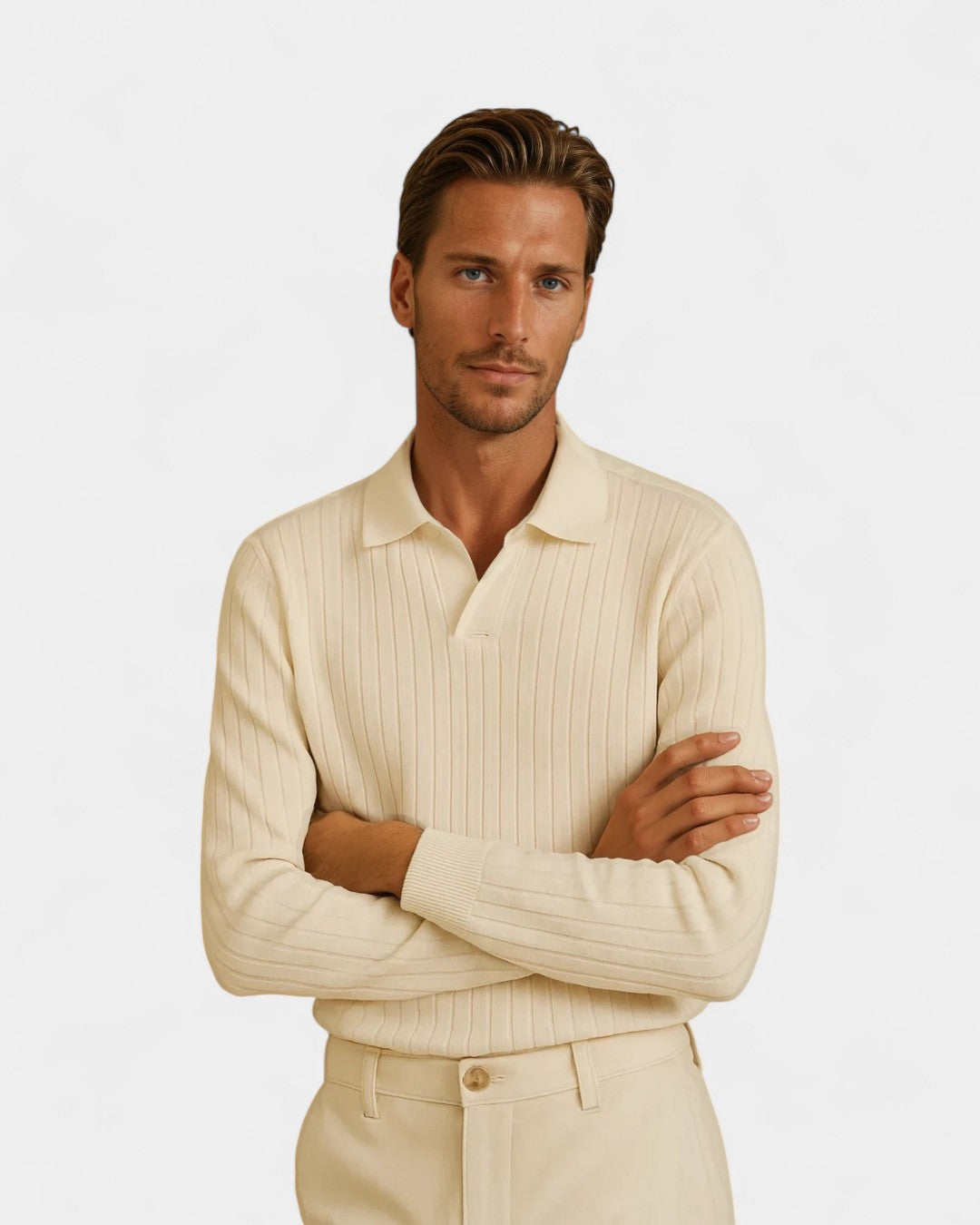 Old Money Striped Long Sleeve Polo - Beige
