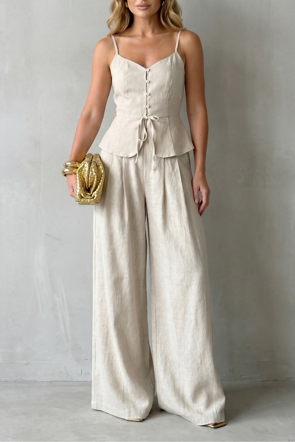 Women's button-front camisole top and wide-leg pants set, front view