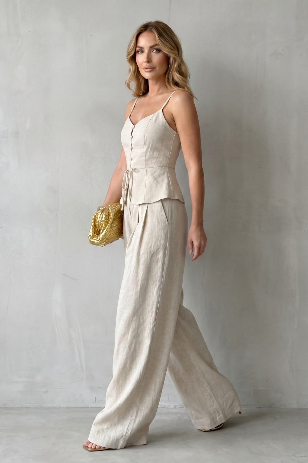 Back view of the two-piece camisole and wide-leg pants set