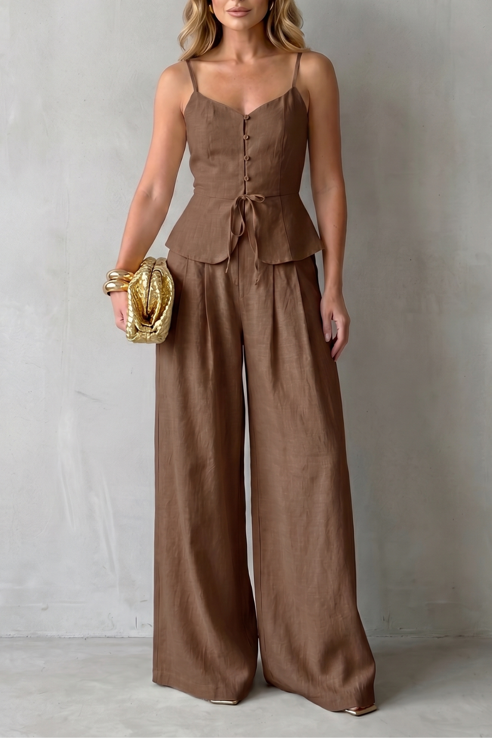 Light khaki colorway of the camisole and wide-leg pants set, full-length view