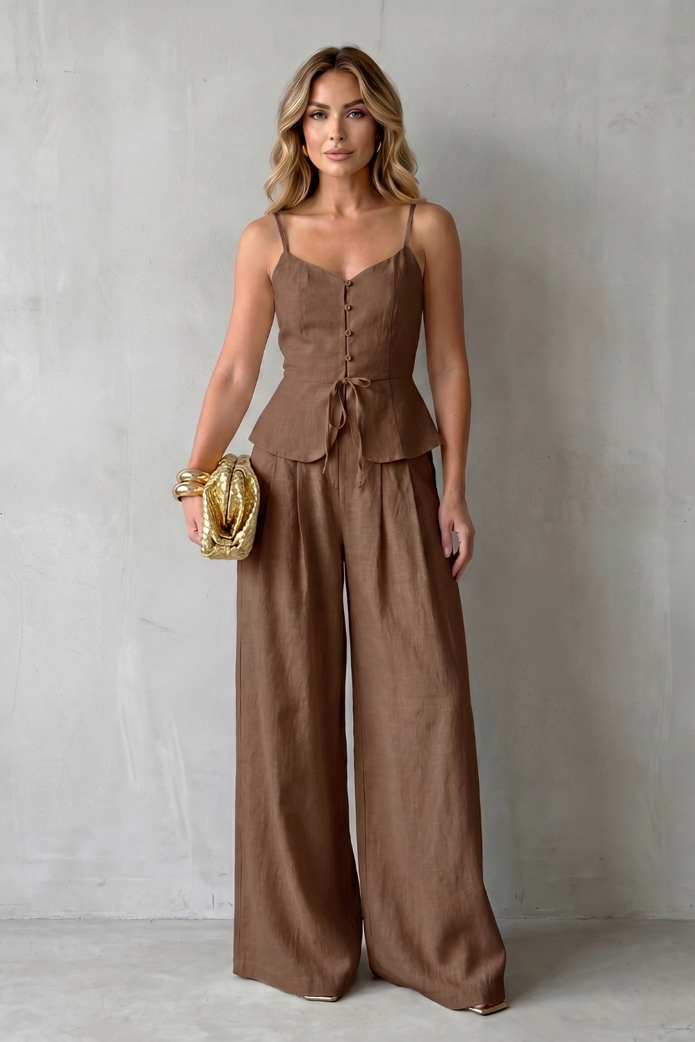 Brown colorway of the button-front camisole top and wide-leg pants set