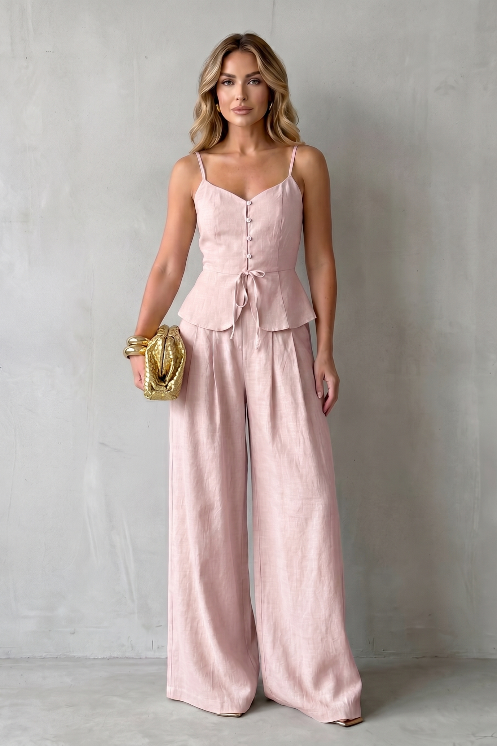 Blue colorway of the two-piece camisole and wide-leg pants set