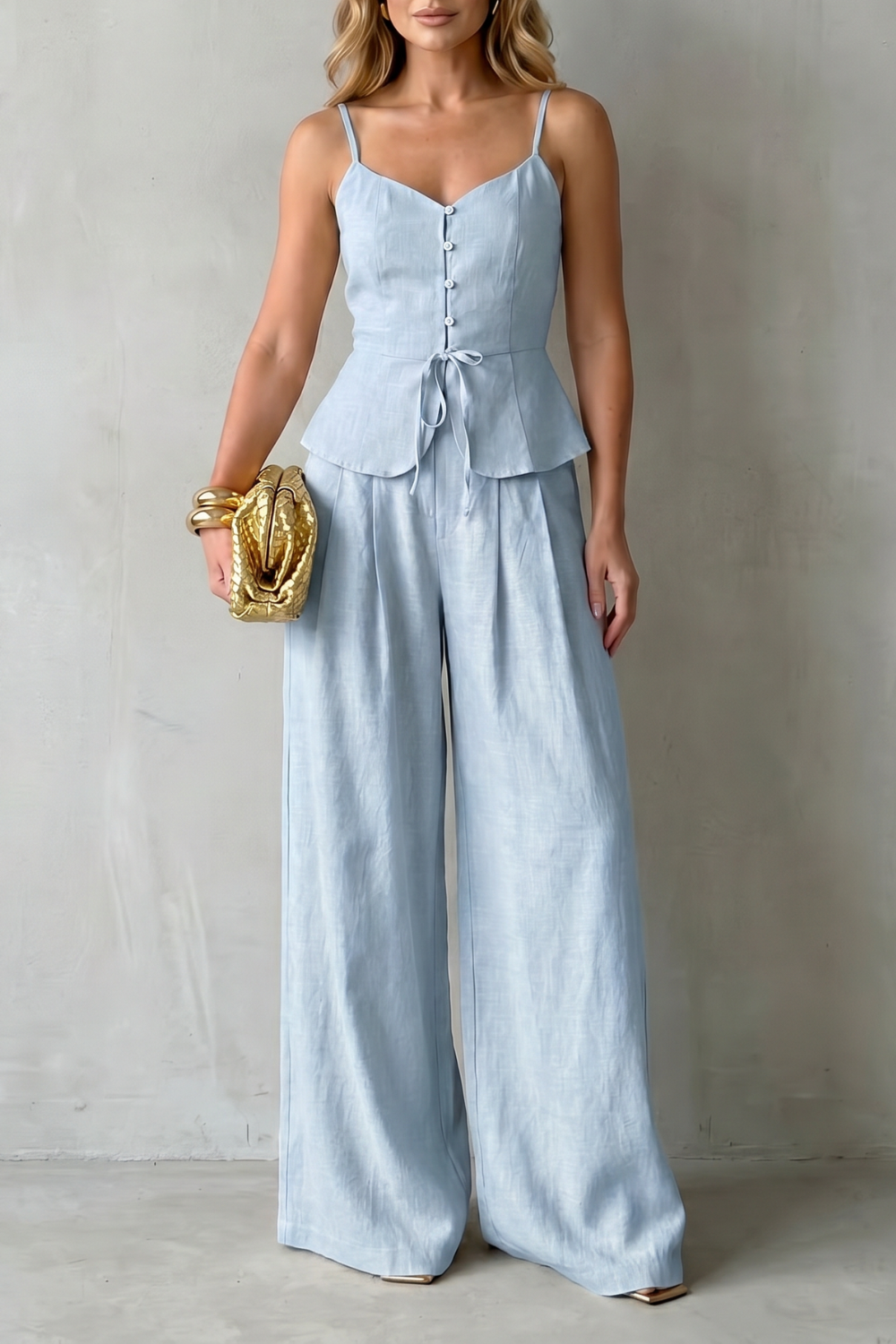Set styled with strappy sandals and a woven tote for a resort look