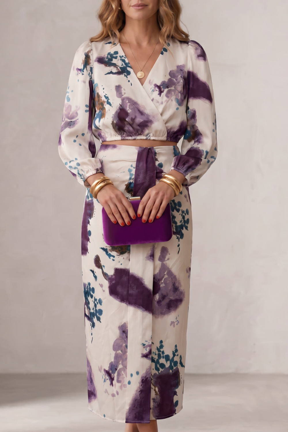 Women's watercolor floral wrap blouse and maxi skirt set, front view