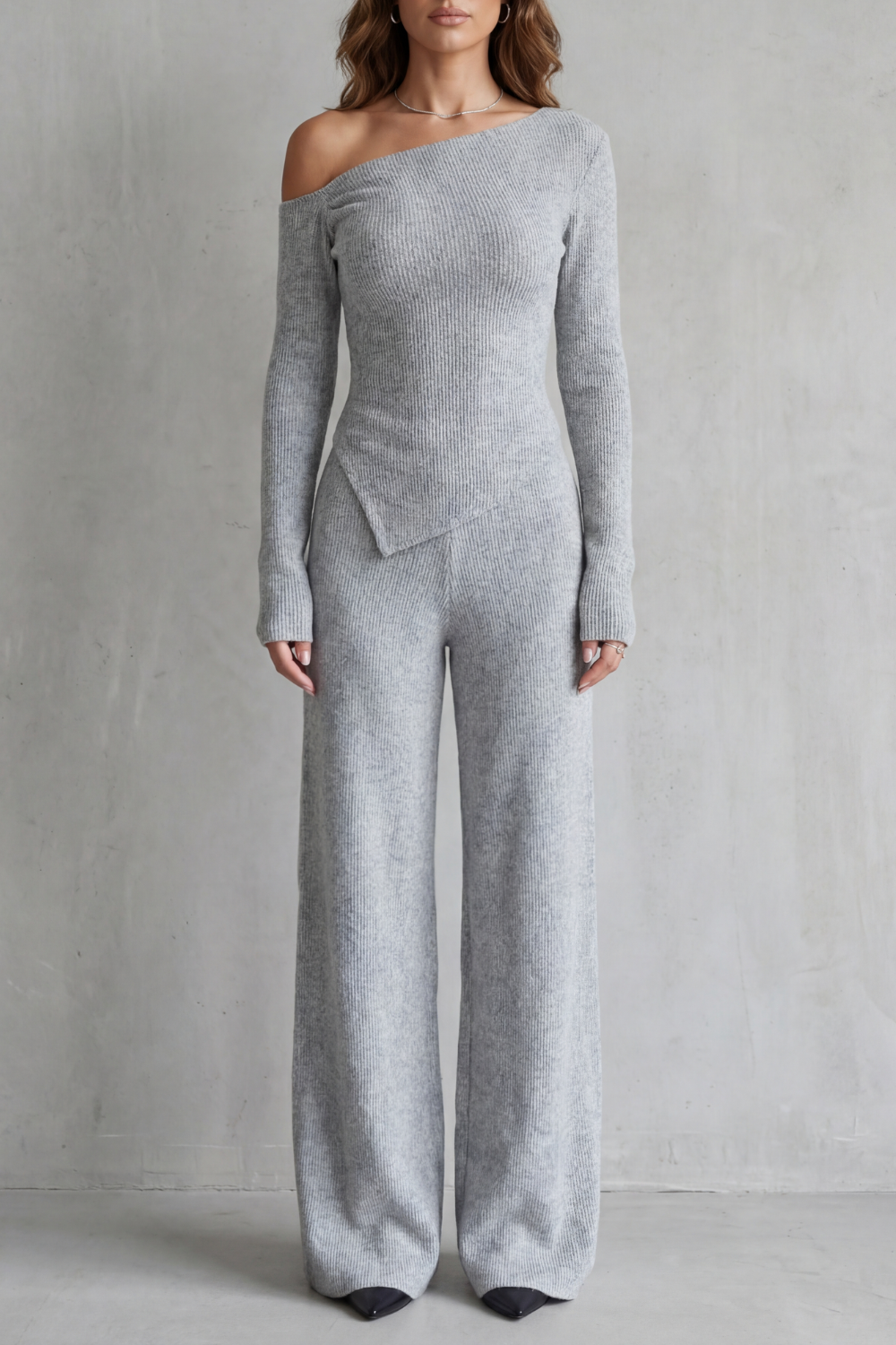 Women's asymmetrical off-shoulder ribbed knit lounge set, front view