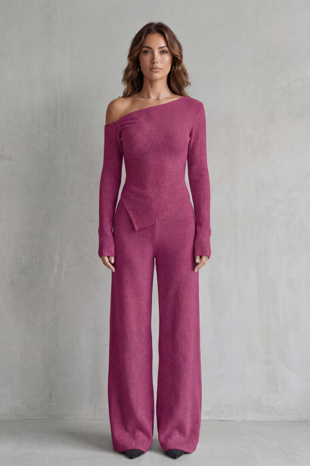 Ribbed knit lounge set styled with heels and chunky jewelry