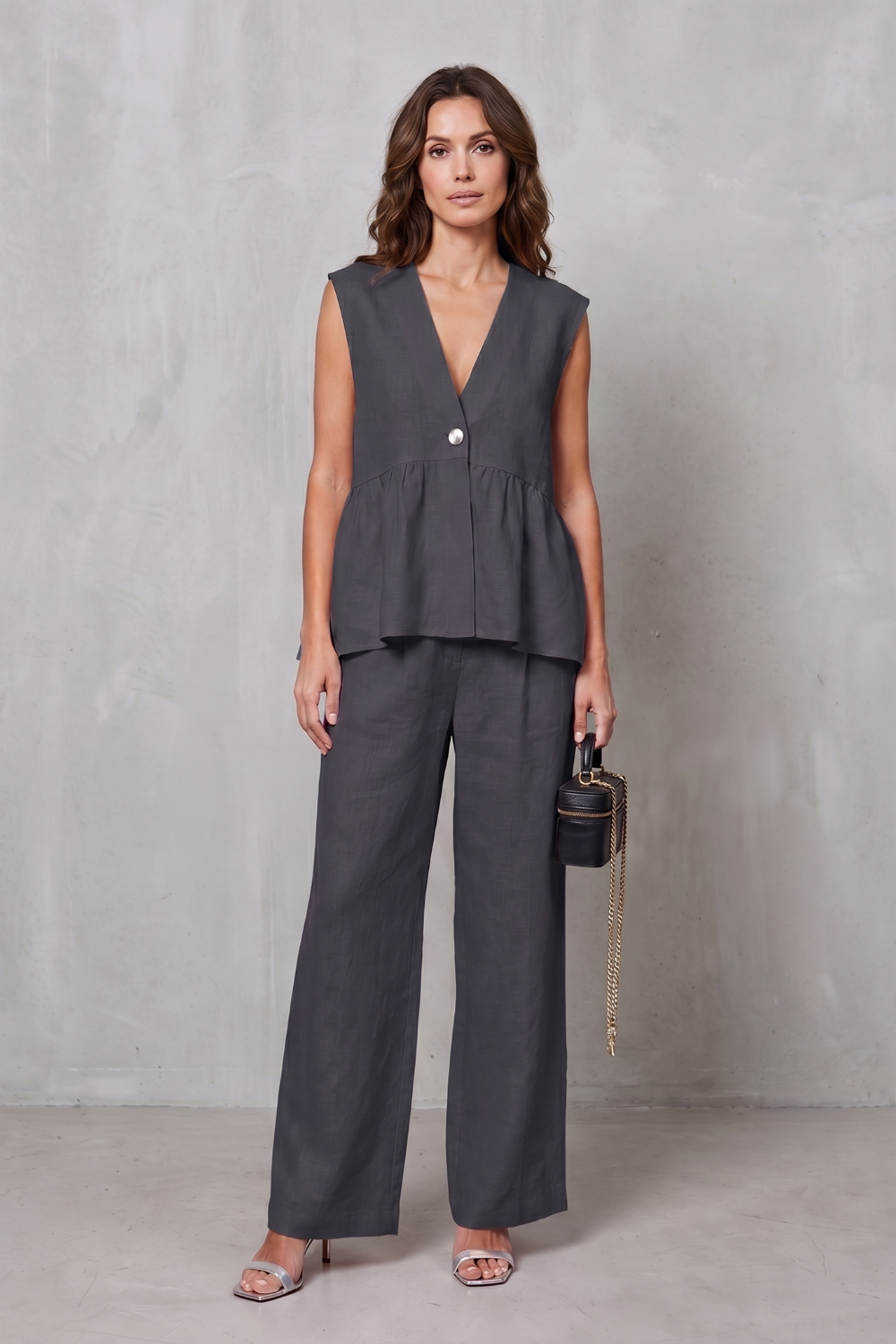 Gray colorway, full-length view of the wide-leg pants set