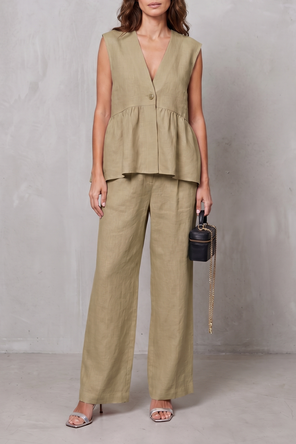 Set styled with heeled sandals and a structured handbag