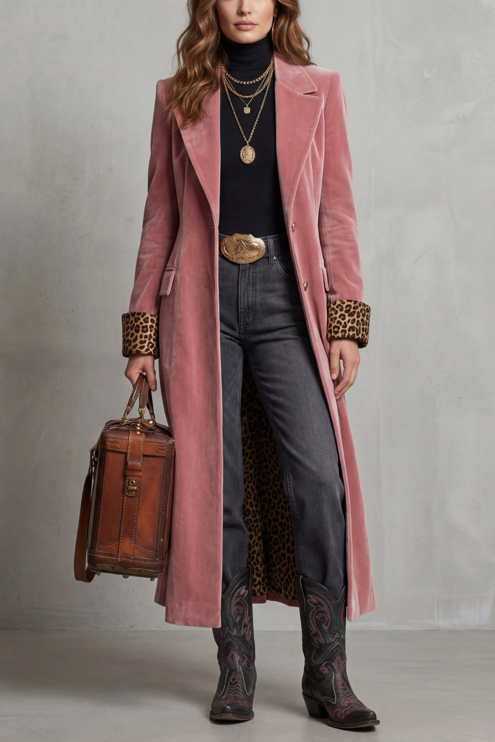 Women's Elegant Long Coat with Leopard-Print Velvet Lining - Lusavine