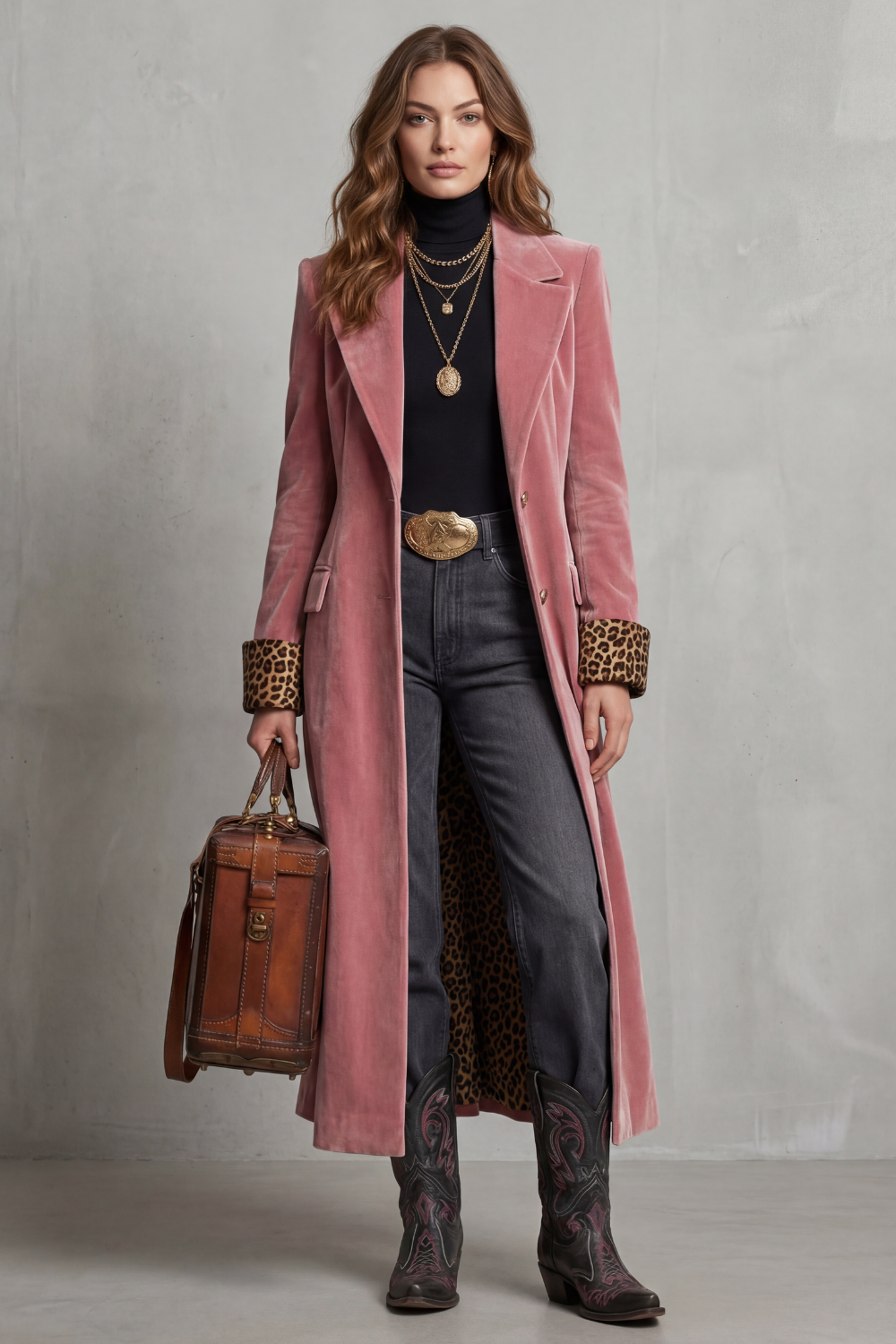 Women's Elegant Long Coat with Leopard-Print Velvet Lining - Lusavine