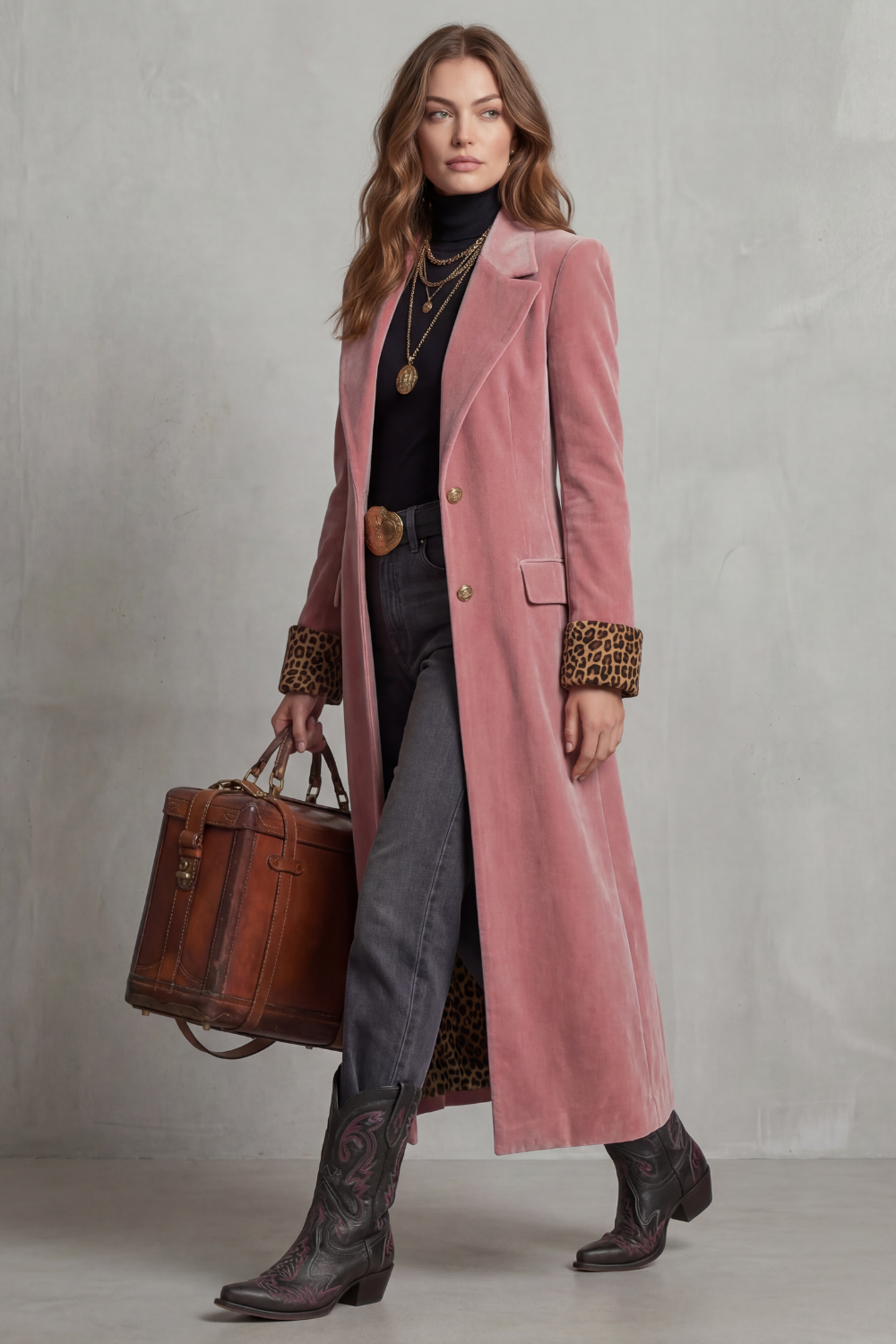 Women's Elegant Long Coat with Leopard-Print Velvet Lining - Lusavine
