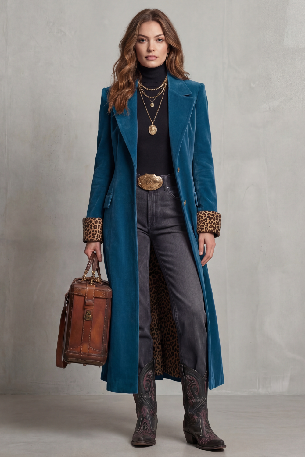 Women's Elegant Long Coat with Leopard-Print Velvet Lining - Lusavine