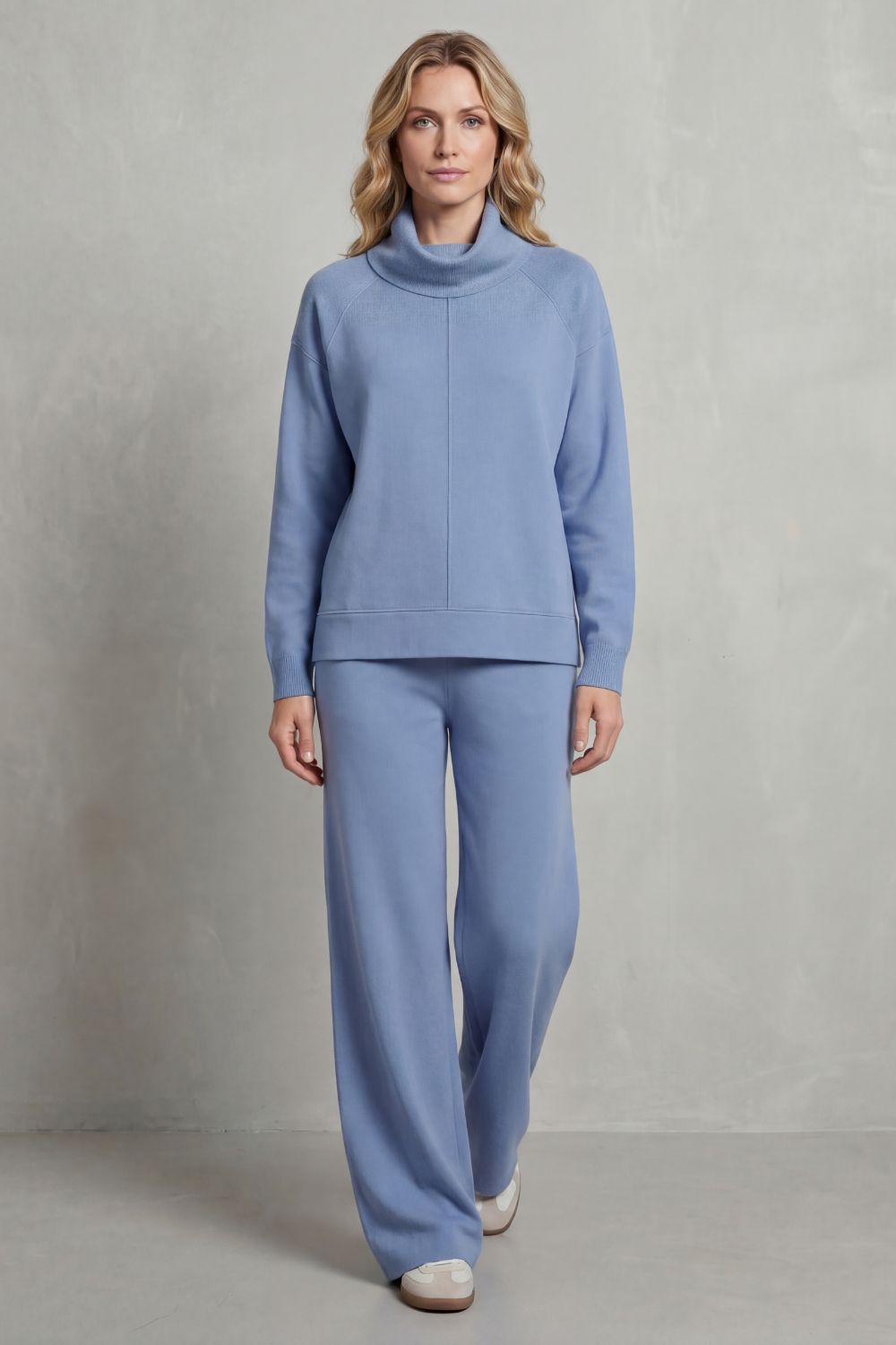 Side view of the Luverra turtleneck top and wide-leg pants lounge set