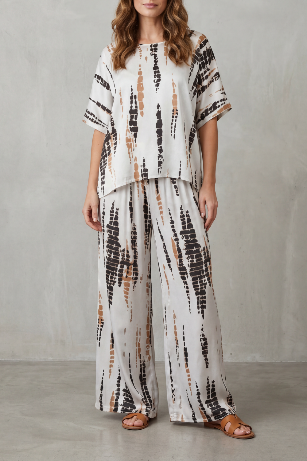 Women's abstract print short-sleeve top and wide-leg pants lounge set, front view