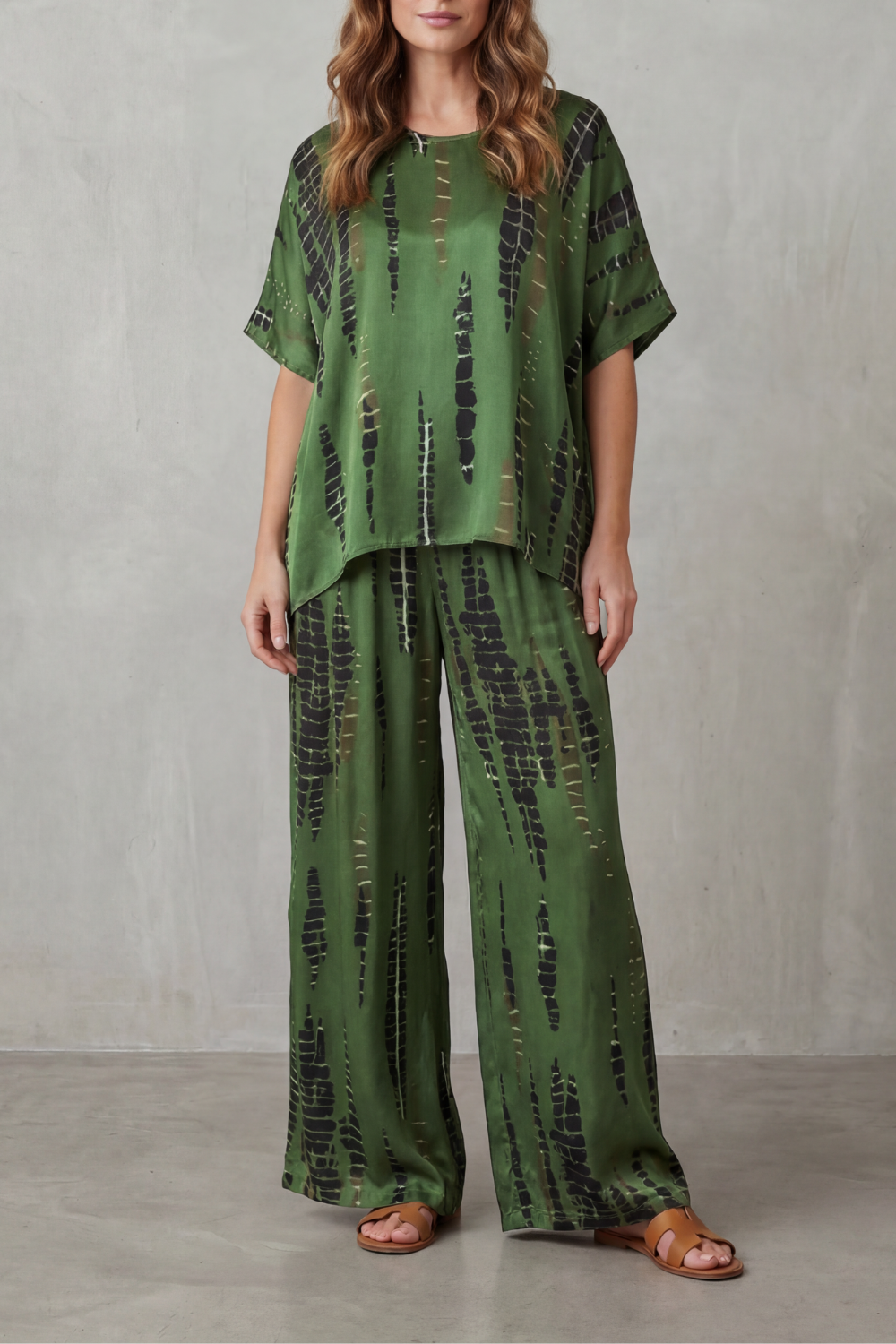 Purple colorway of the abstract print top and wide-leg pants lounge set