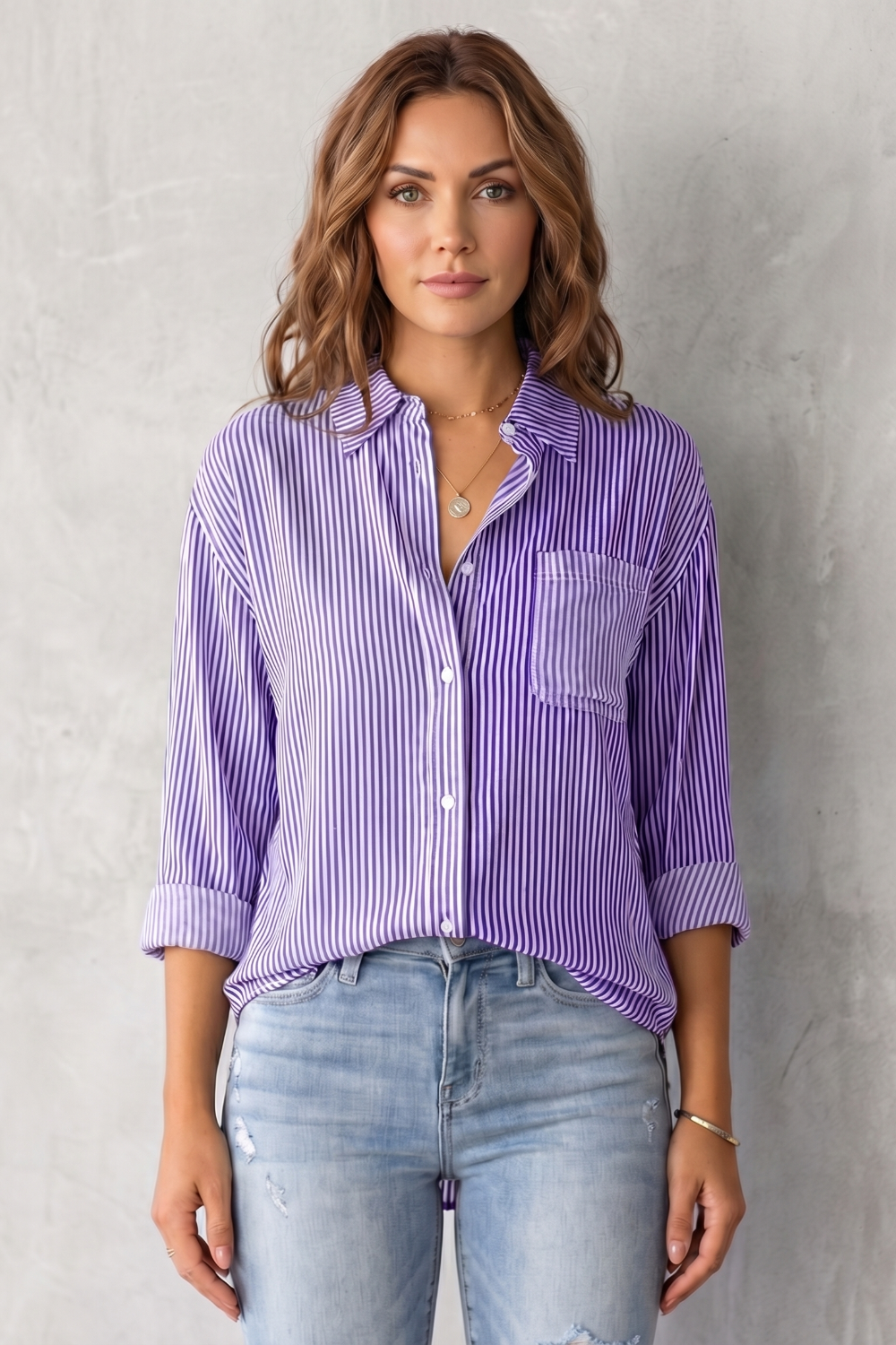 Women's Striped Button-Up Shirt with Chest Pocket - Sylvienne