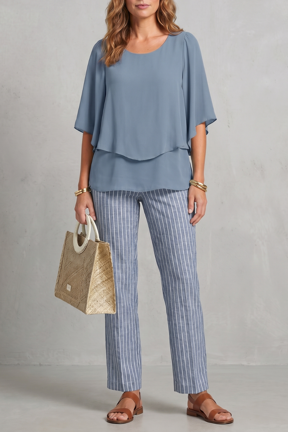 Blue White colorway of the botanical print pants set, full-length view