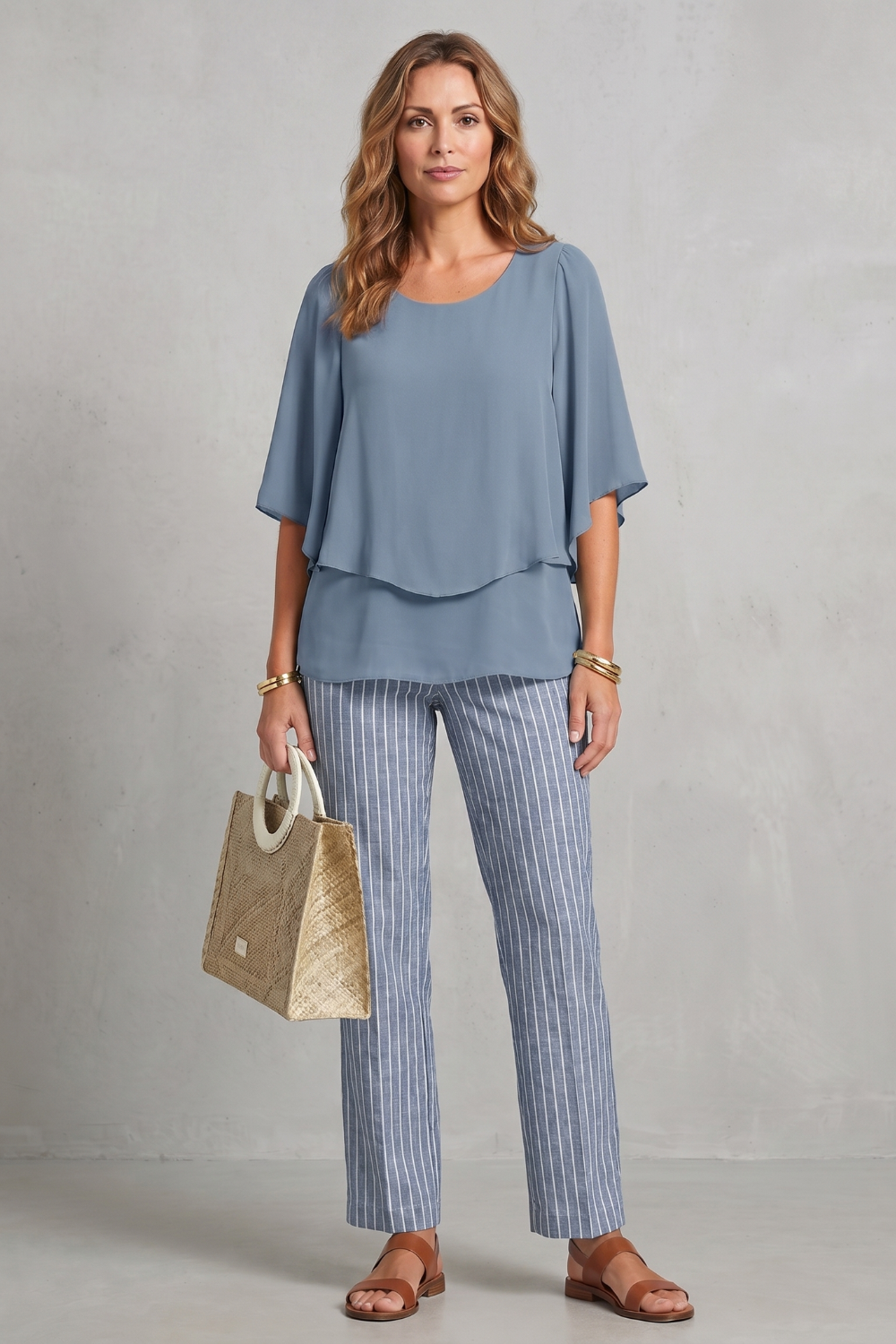 Navy Blue colorway of the botanical print pants set, full-length view