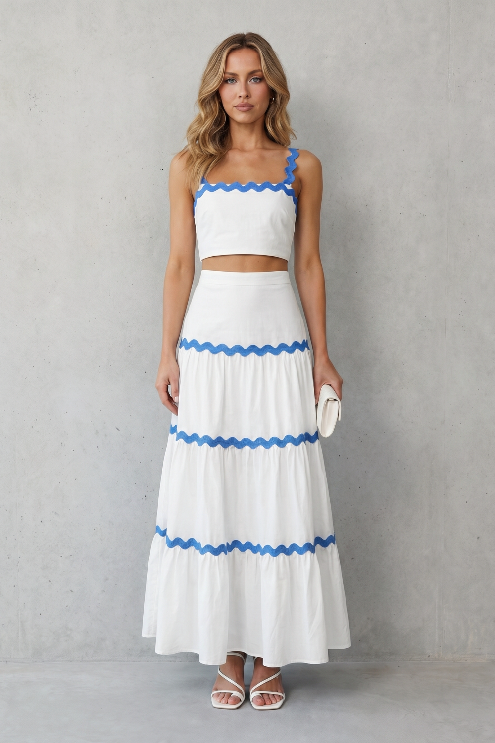Black colorway of the cropped tank and tiered maxi skirt set, full-length view