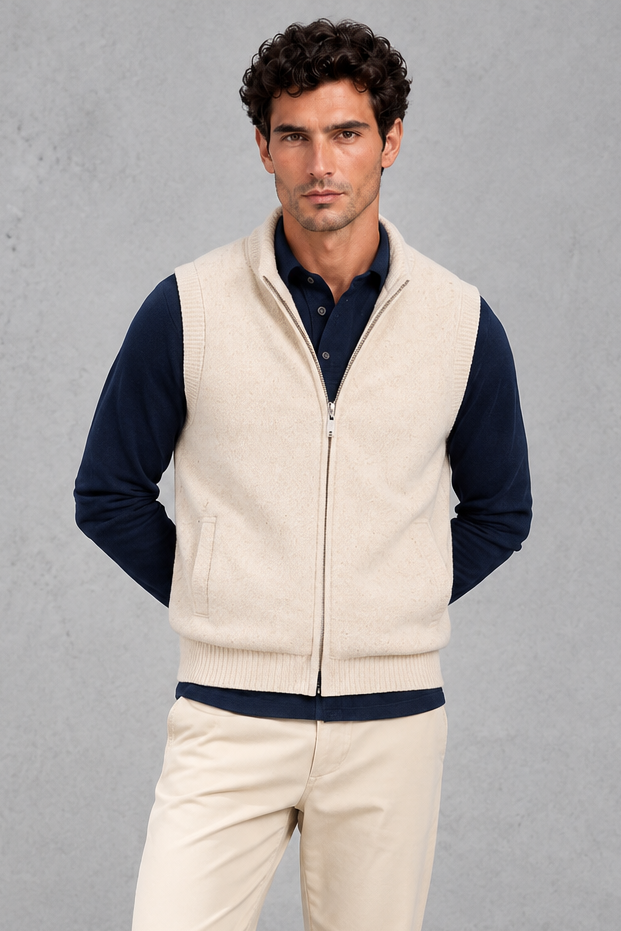 Men's Knitted Zip-Up Sweater Vest – Light Beige