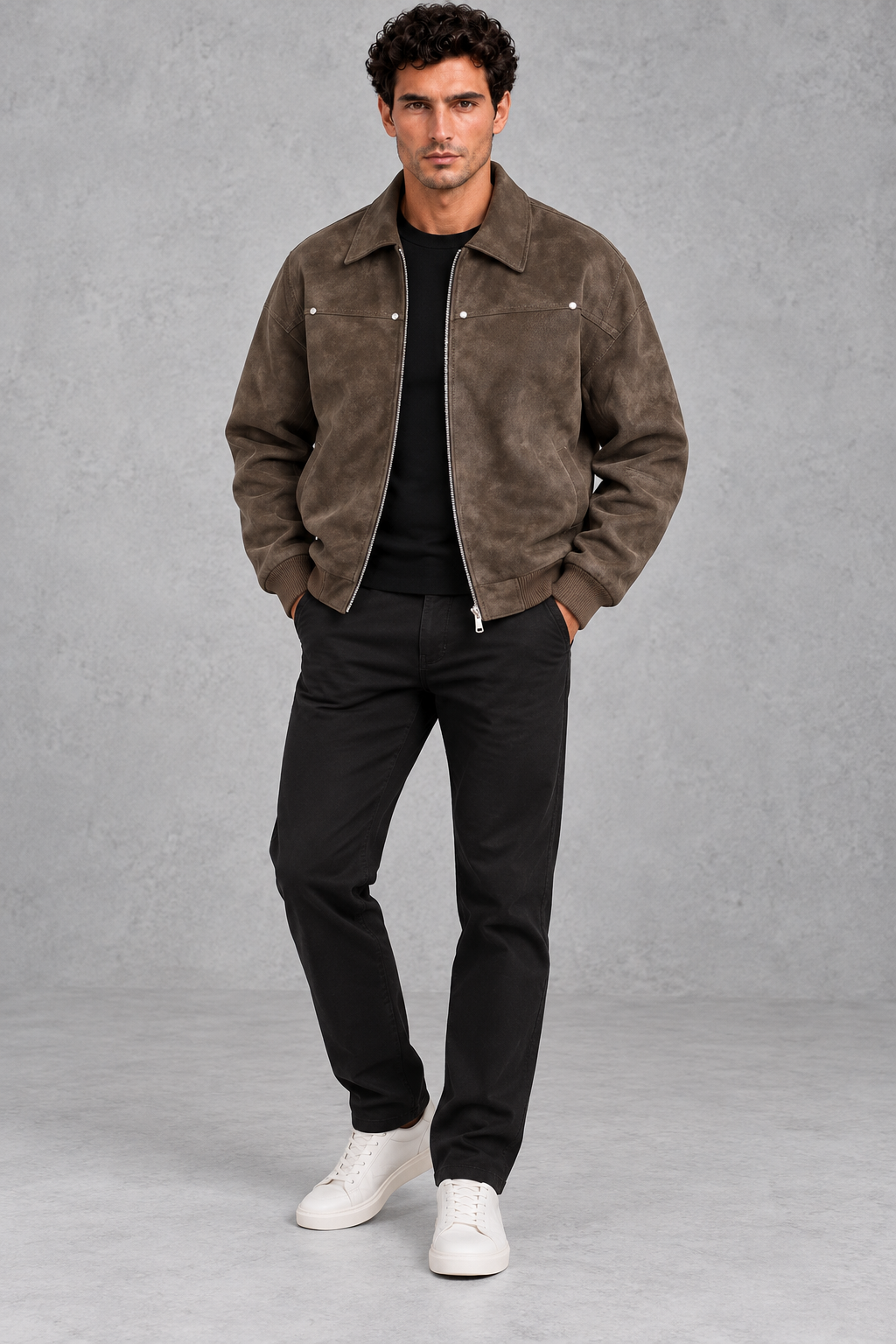 Men's Suede-Look Collared Jacket – Brown
