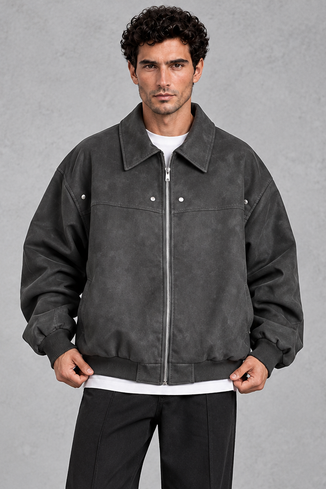 Men's Suede-Look Collared Jacket – Charcoal