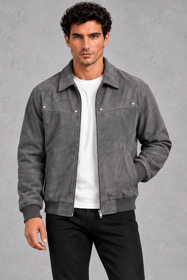 Men's Suede-Look Collared Jacket – Gray