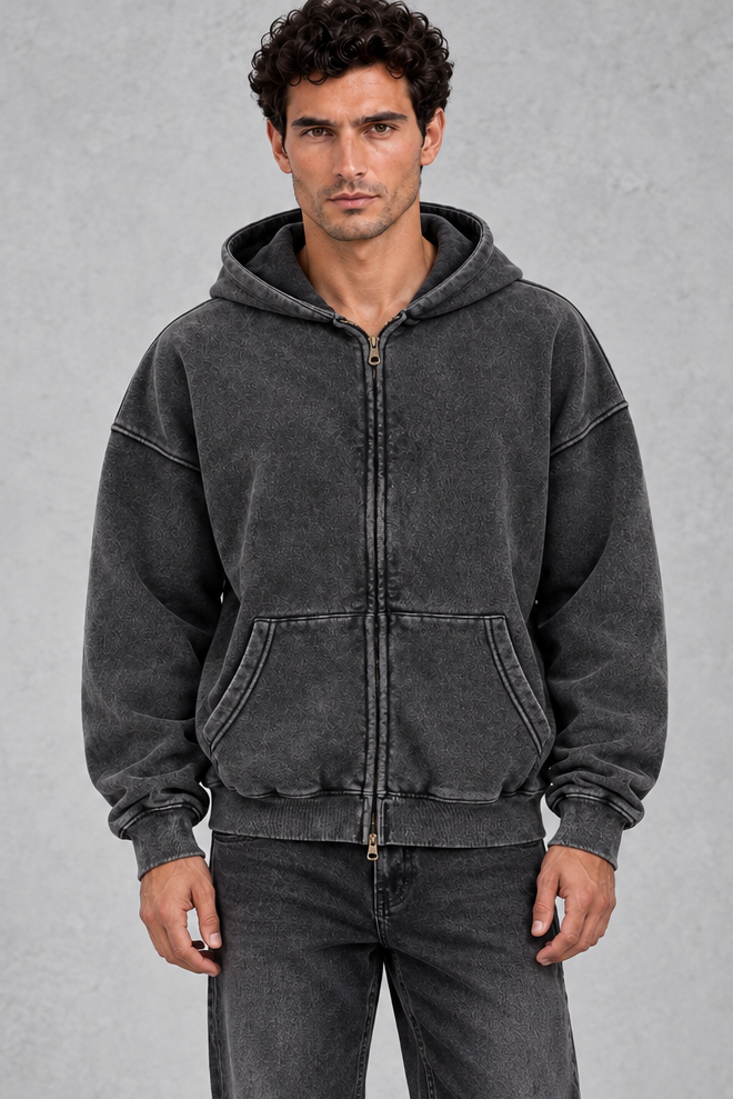 Men's oversized vintage wash full zip hoodie, front view