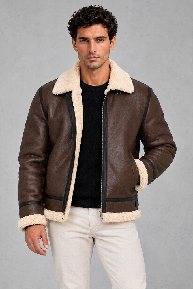 Men's faux leather aviator jacket with sherpa collar, front view