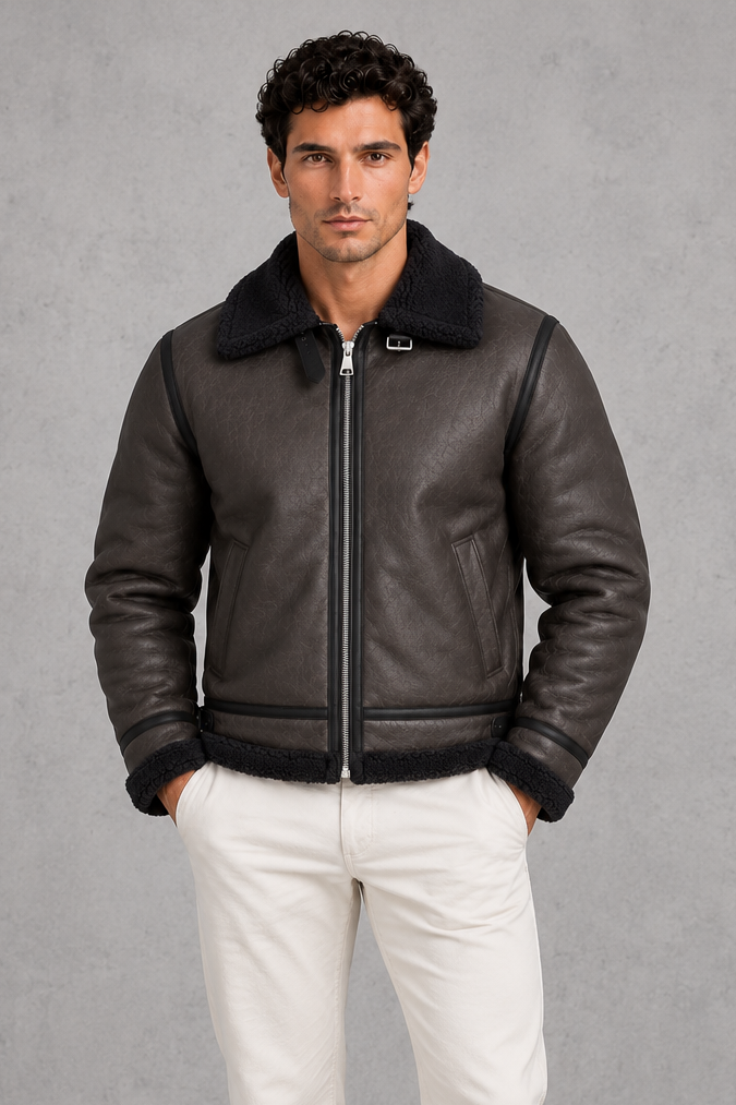 Men's sherpa lined aviator jacket shown in brown and black