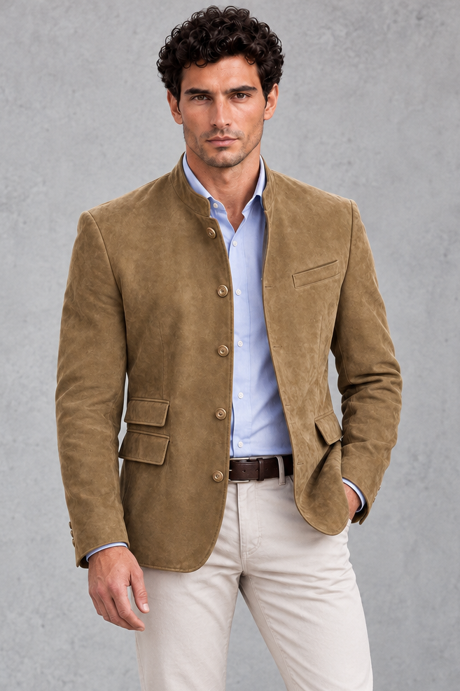 Men's Suede-Finish Mandarin Collar Blazer – Khaki