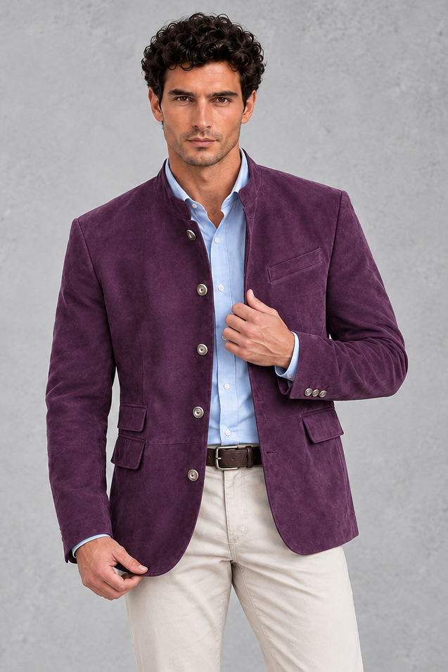 Men's Suede-Finish Mandarin Collar Blazer – Purple