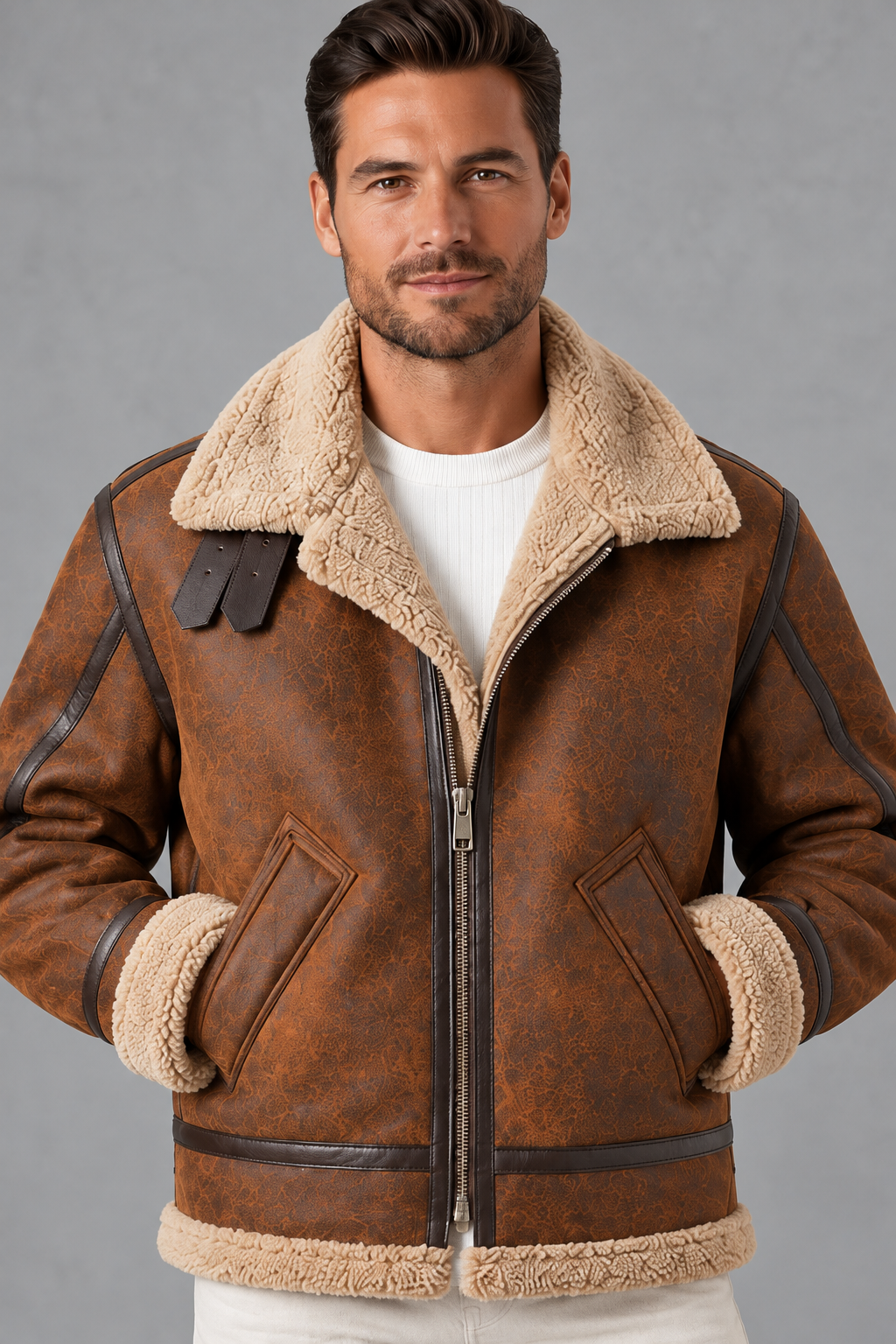 Men's Suede-Look Aviator Jacket – Brown