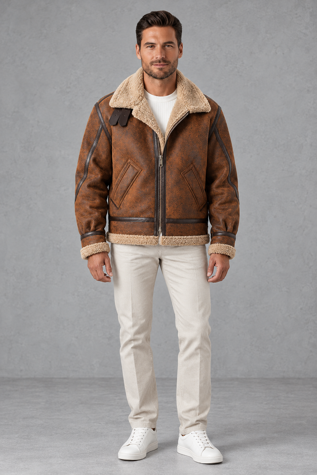 Men's Suede-Look Aviator Jacket – Brown