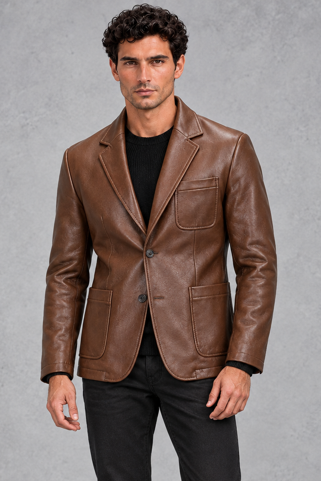Men's Faux Leather Blazer – Brown