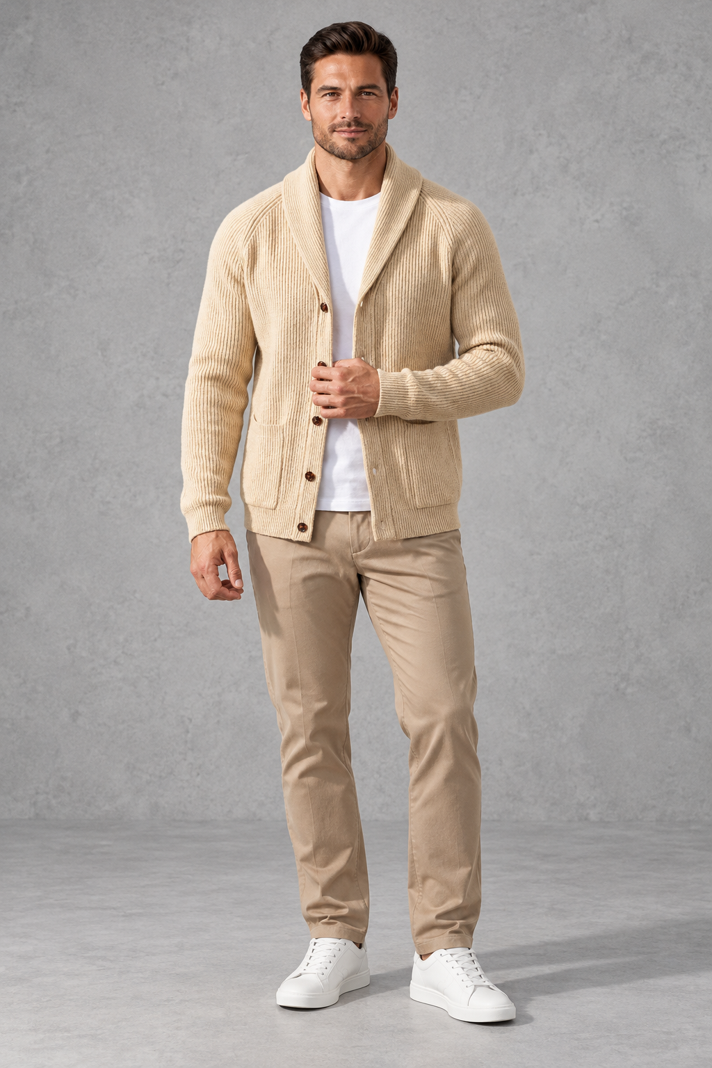 Men's Shawl Collar Cardigan – Cream