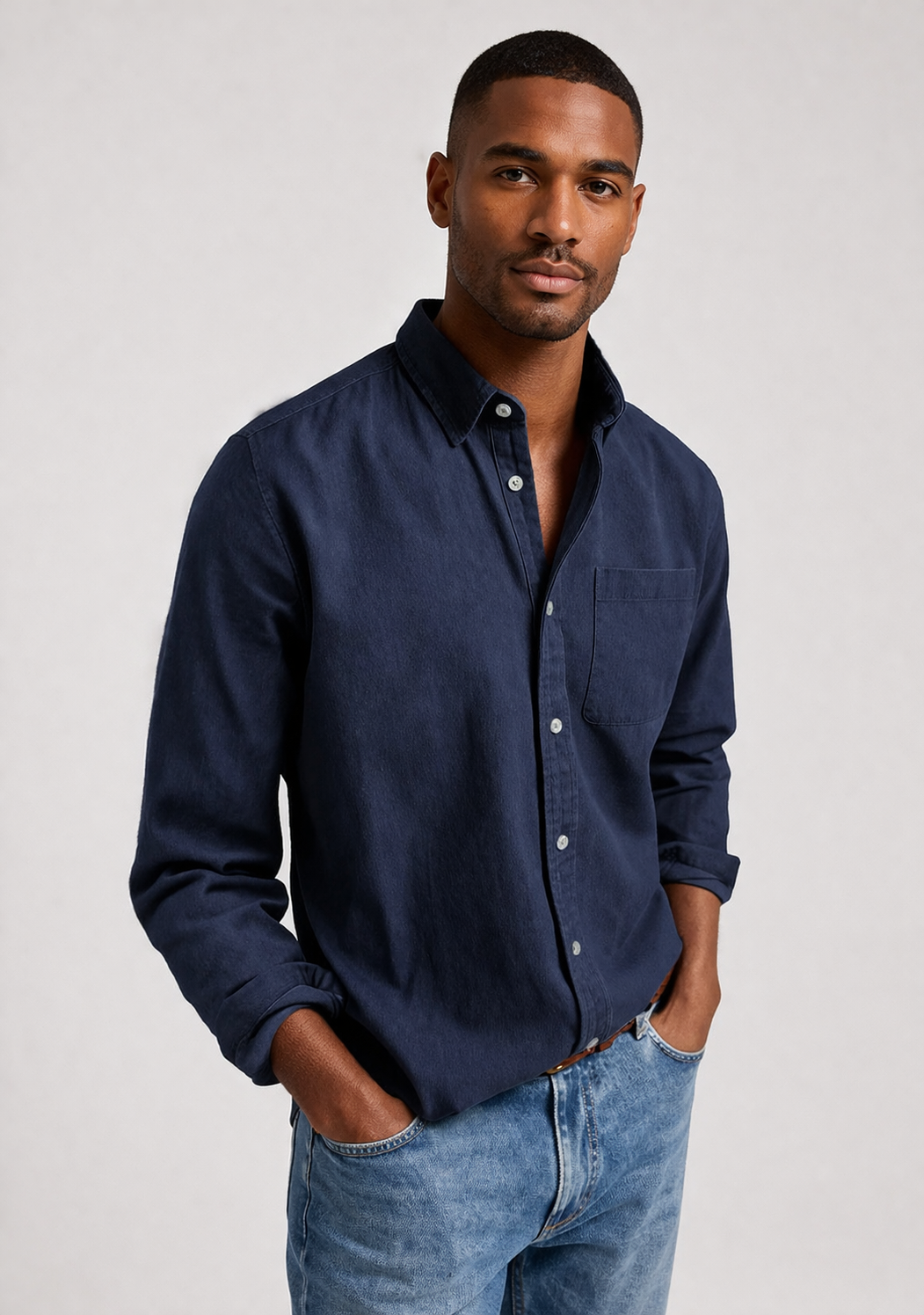 Man wearing a navy shirt and jeans against a plain background