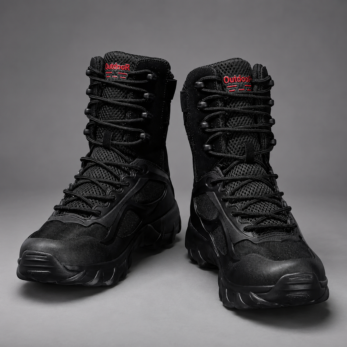 Men’s high-top tactical hiking boots with a lightweight synthetic upper, breathable lining, secure lace-up closure, round toe, and durable outsole.