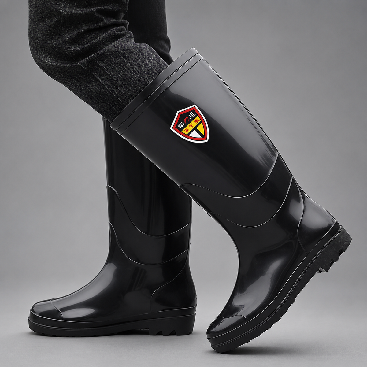 Men’s tall waterproof rain boots with durable rubber construction, pull-on design, textile lining, and non-slip outsole for work and outdoor use.