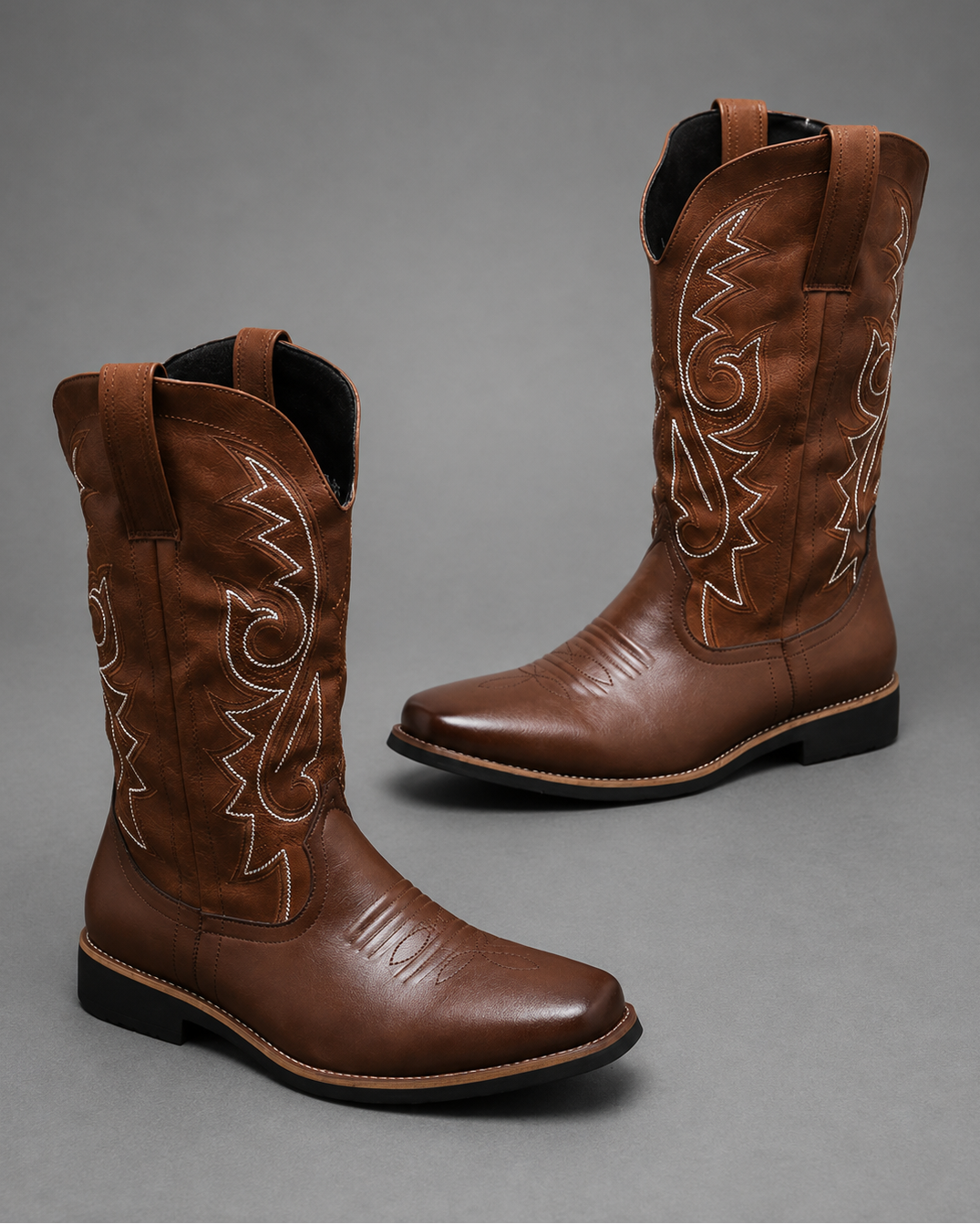 Men’s Western high-top pull-on boots with a microfiber leather-style upper, Chelsea-inspired silhouette and textured grip outsole.