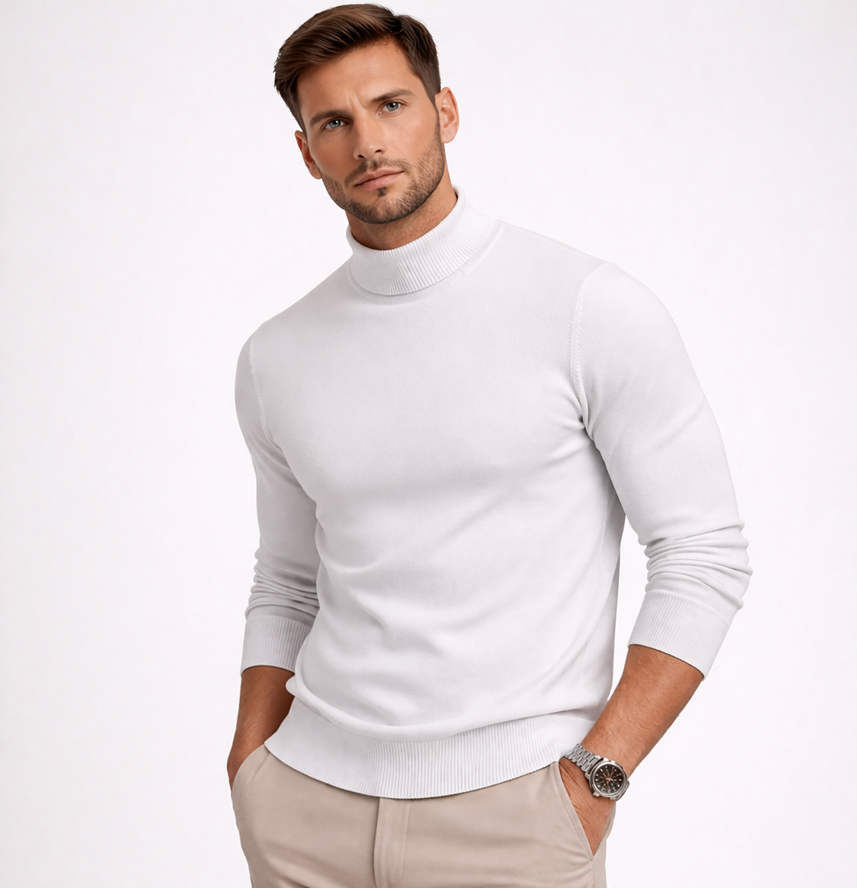 Man wearing a white turtleneck sweater on a light gray background