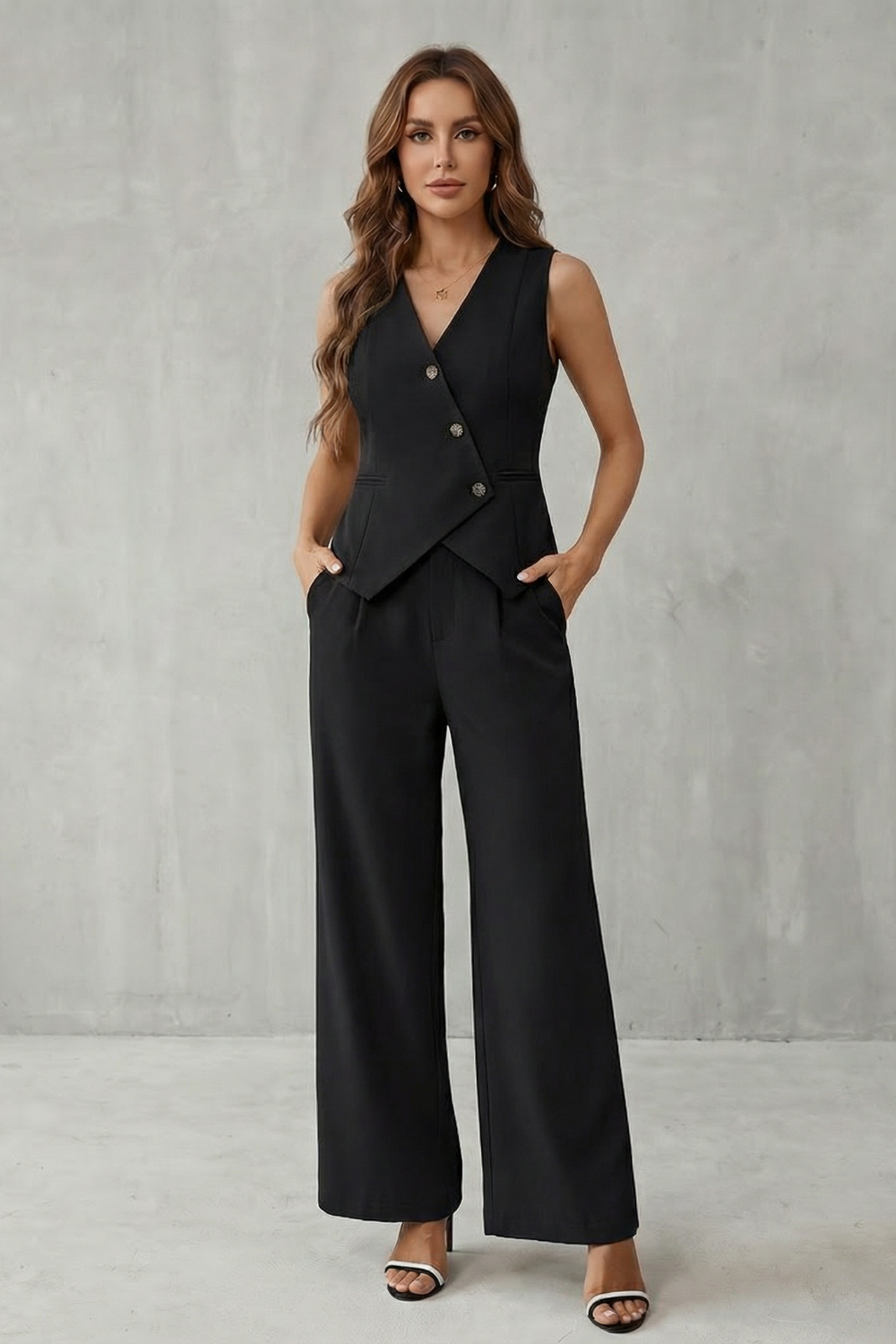 Black colorway of the tailored vest and pants set, full-length view
