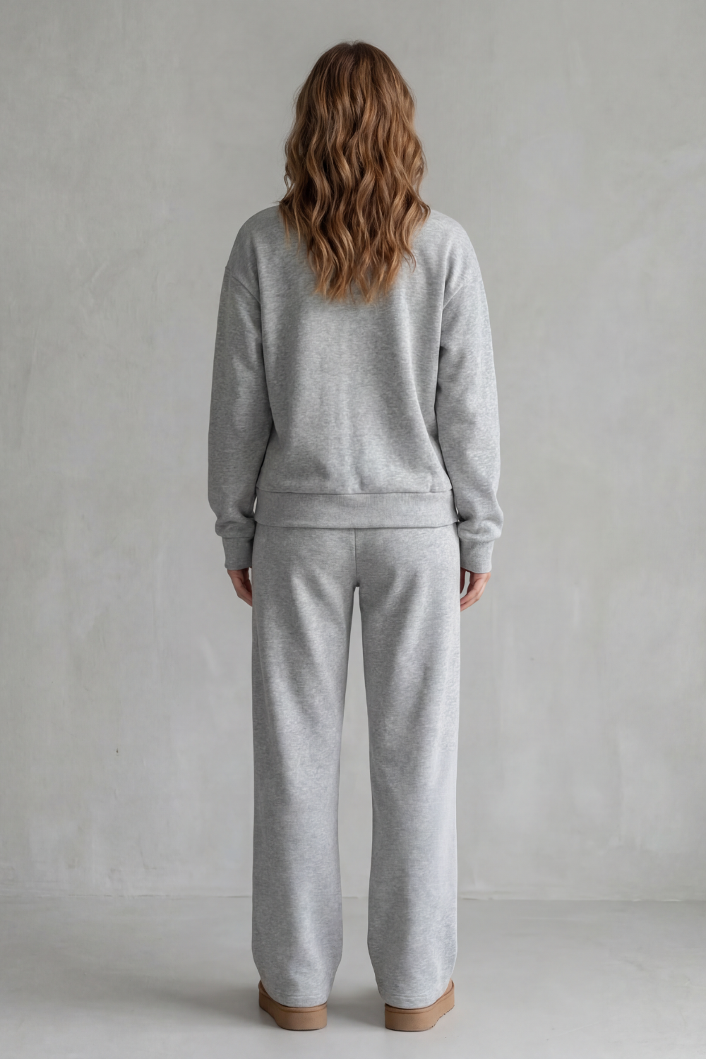 Gray colorway, full-length view of the cardigan lounge set