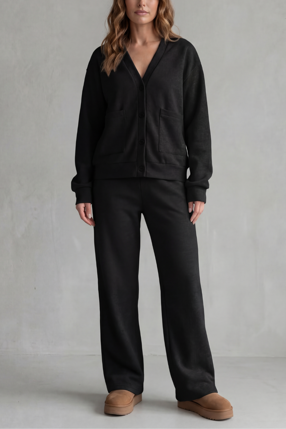Black colorway of the V-neck cardigan and wide-leg pants set