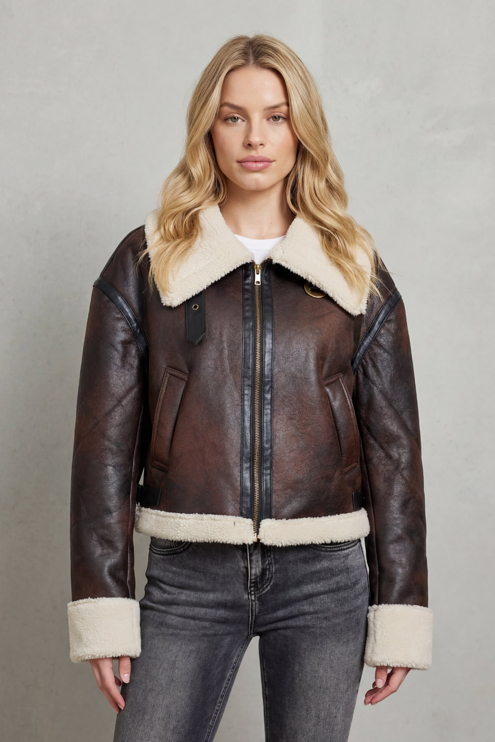 Women's Cropped Aviator Jacket with Shearling Trim - Mirevola