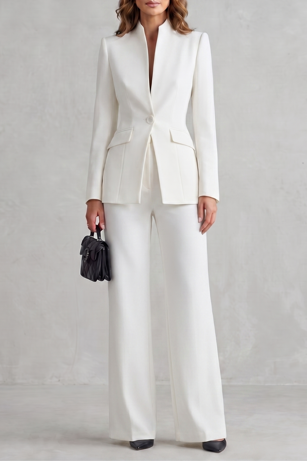 Close-up of the functional flap pockets on the tailored blazer