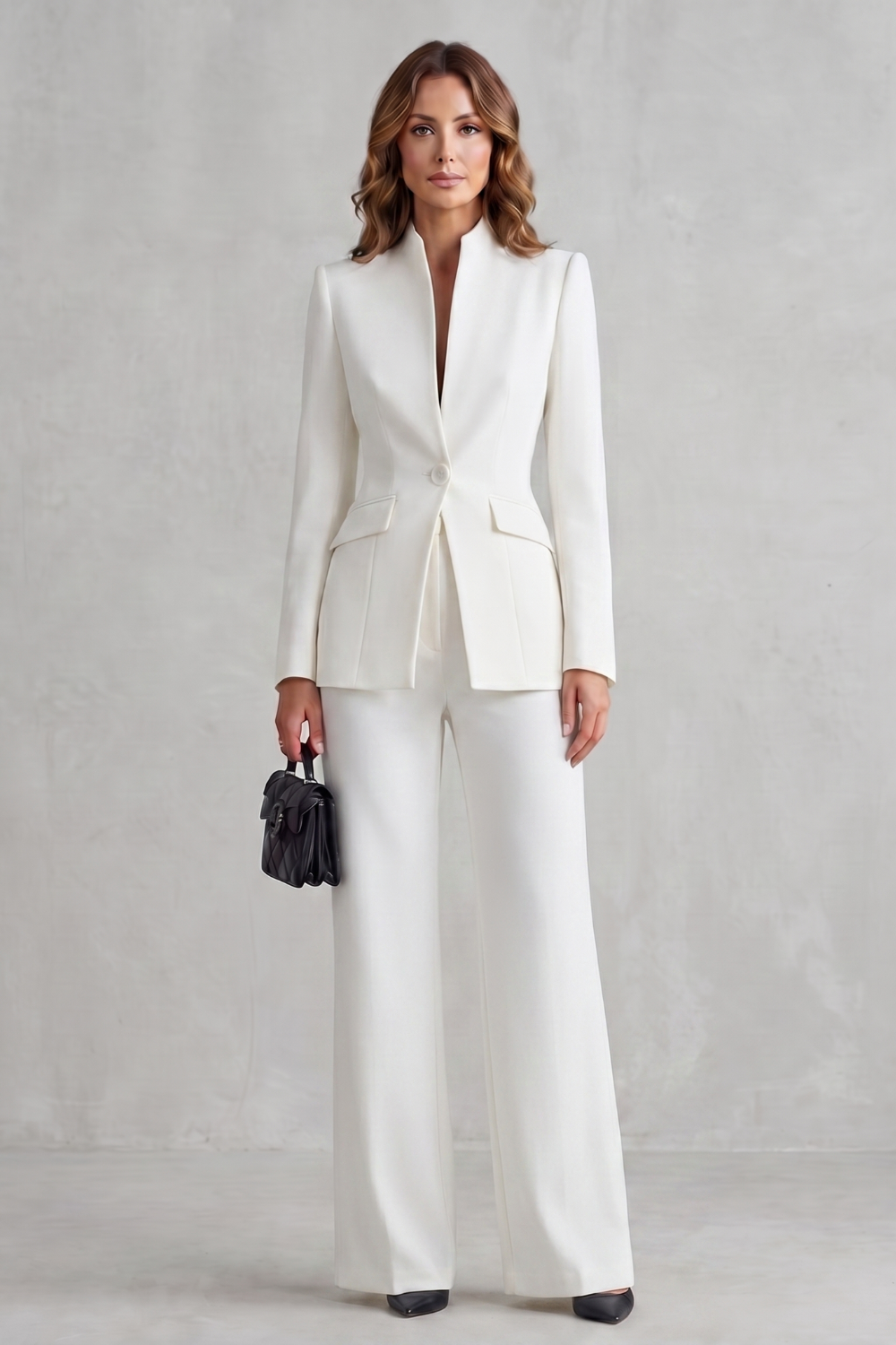 Close-up of the defined waist tailoring on the suit set