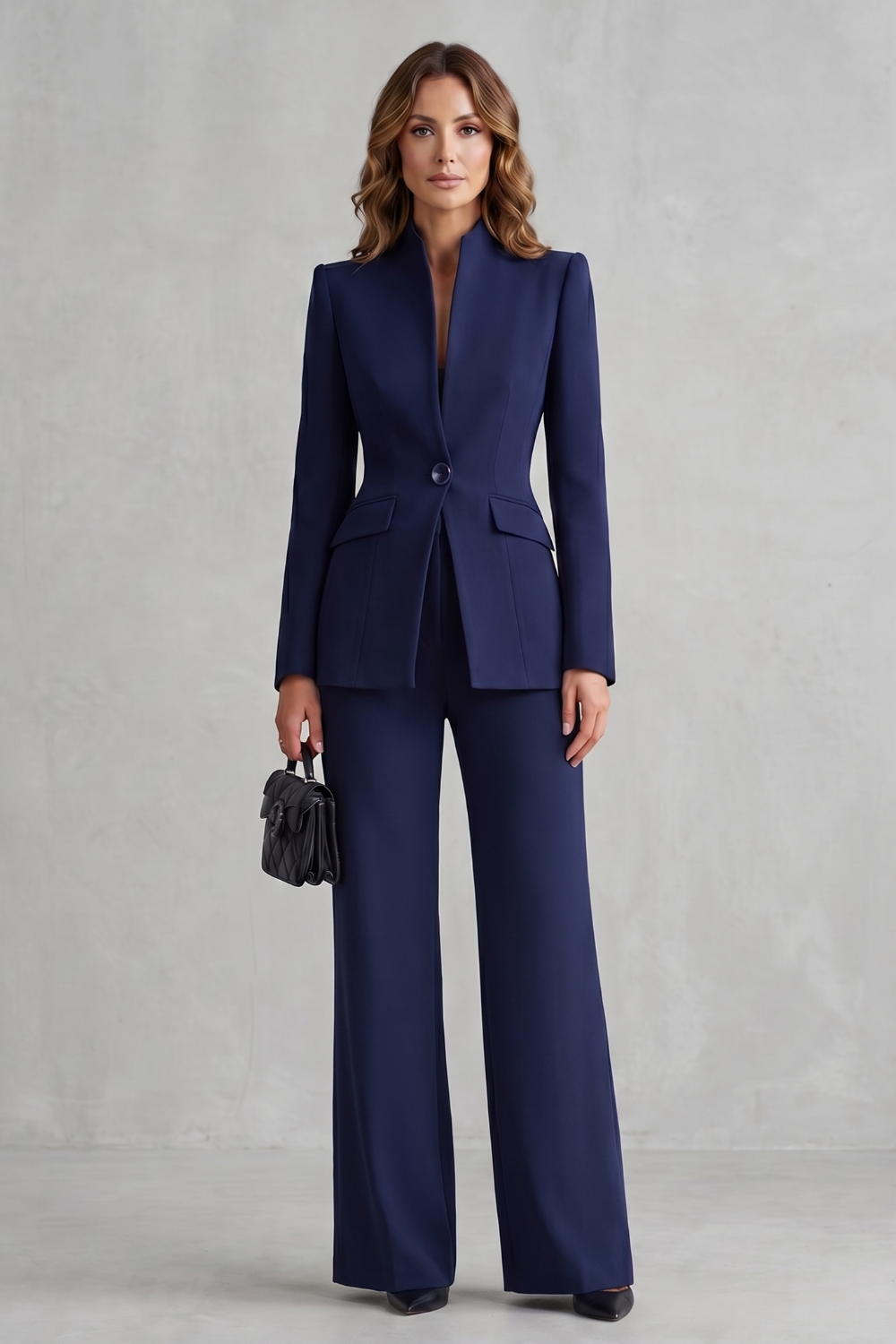 Side view of the Montclaire tailored blazer and wide-leg pants suit set