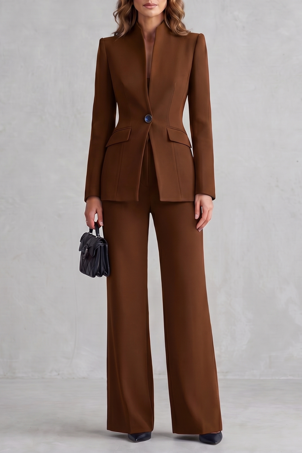 Brown colorway of the stand-collar suit set, full-length view