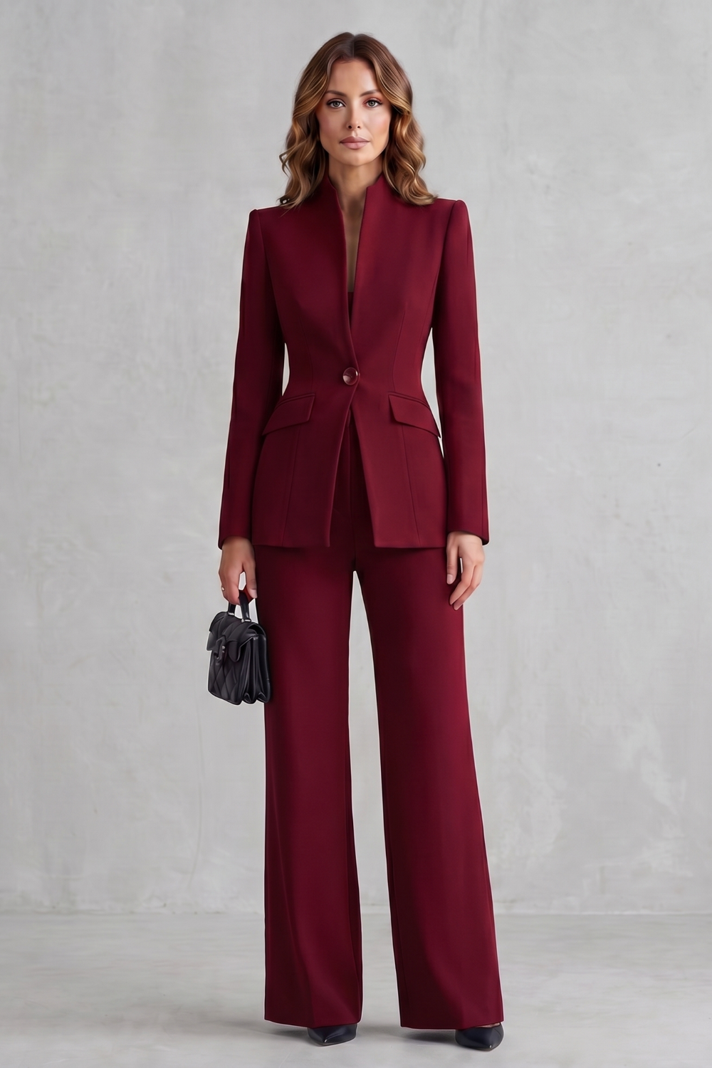 Red colorway of the tailored blazer and wide-leg pants suit set